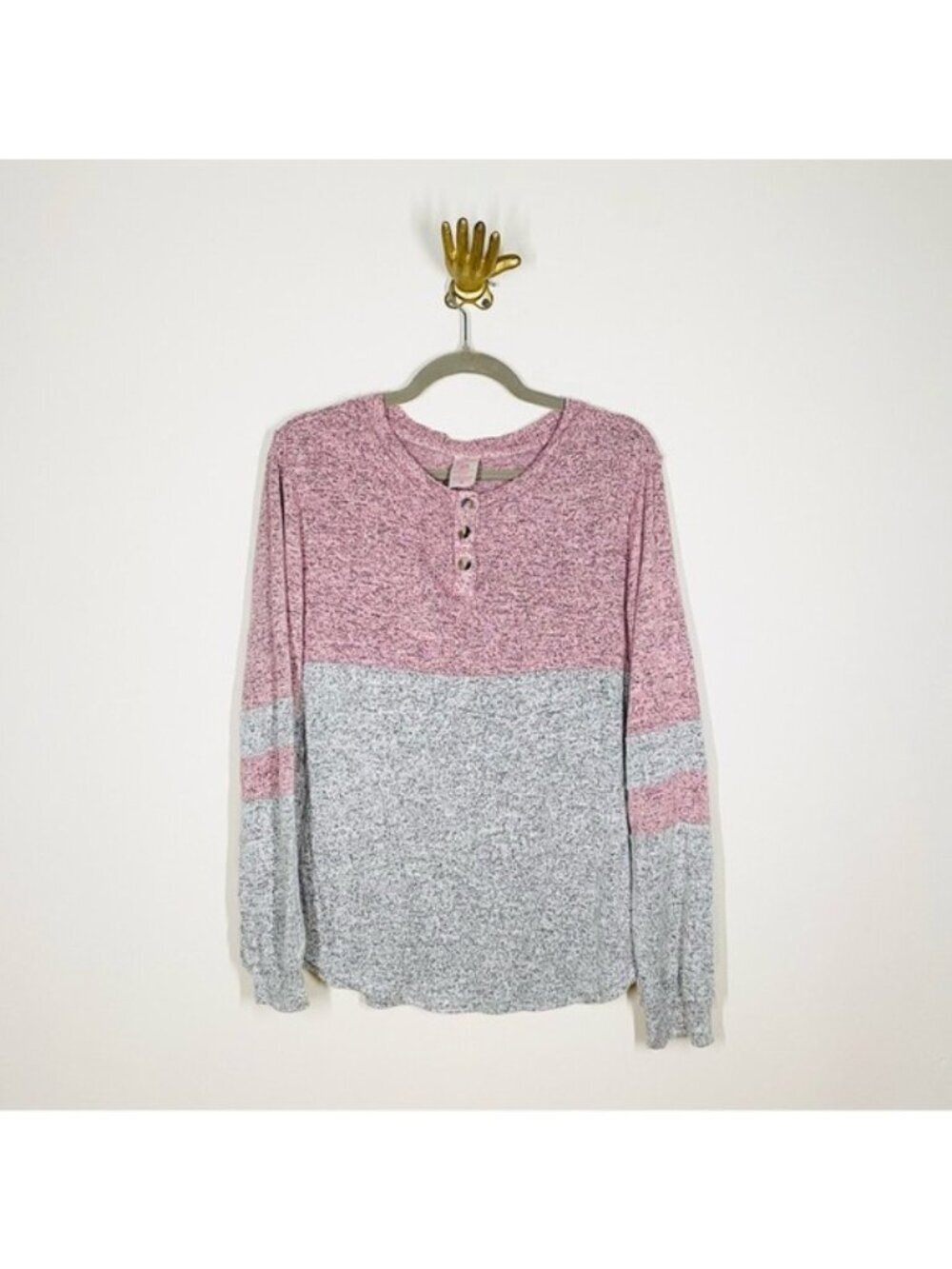 No Boundaries Pink & Gray Colorblock Henley Long Sleeve Shirt XL